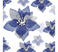 Boao 24 Pieces Christmas Artificial Glitter Poinsettia Flowers Xmas Flowers Wedding Christmas Tree New Year Ornaments(Navy Blue)