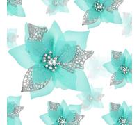 Boao 24 Pieces Christmas Artificial Glitter Poinsettia Flowers Xmas Flowers Wedding Christmas Tree New Year Ornaments(Blue Green)