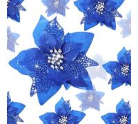 Boao 24 Pieces Christmas Artificial Glitter Poinsettia Flowers Xmas Flowers Wedding Christmas Tree New Year Ornaments(Royal Blue)