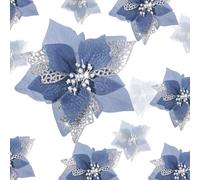 Boao 24 Pieces Christmas Artificial Glitter Poinsettia Flowers Xmas Flowers Wedding Christmas Tree New Year Ornaments(Dusty Blue)
