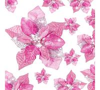 Boao 24 Pieces Christmas Glitter Flowers Poinsettia Artificial Xmas Flowers Wedding Christmas Tree New Year Ornaments (Pink)