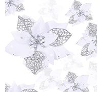 Boao 24 Pieces Christmas Glitter Poinsettia Flowers Glitter Artificial Xmas Flowers Wedding Christmas Tree New Year Ornaments (White)