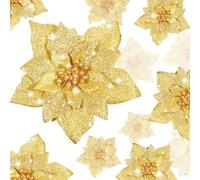 Boao 24 Pieces Glitter Poinsettia Artificial Christmas Flowers Poinsettia Decorations Wedding Christmas Tree Ornaments, 3/4/6 Inches (Gold)