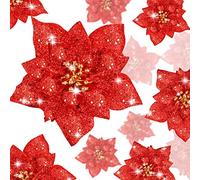 Boao 24 Pieces Glitter Poinsettia Artificial Christmas Flowers Poinsettia Decorations Wedding Christmas Tree Ornaments, 3/4/6 Inches (Red)