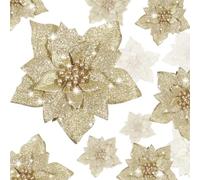 Boao 24 Pieces Glitter Poinsettia Artificial Christmas Flowers Poinsettia Decorations Wedding Christmas Tree Ornaments, 3/4/6 Inches (Gold)