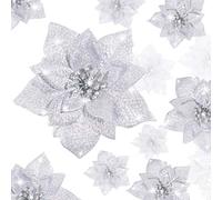 Boao 24 Pieces Glitter Poinsettia Artificial Christmas Flowers Poinsettia Decorations Wedding Christmas Tree Ornaments, 3/4/6 Inches (Silver)