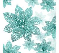 Boao 24 Pieces Glitter Poinsettia Christmas Tree Ornament Christmas Flowers Decor Ornament, 3/4/6 Inches (Blue-Green)