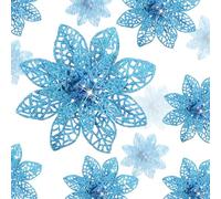 Boao 24 Pieces Glitter Poinsettia Christmas Tree Ornament Christmas Flowers Decor Ornament, 3/4/6 Inches (Lake Blue)