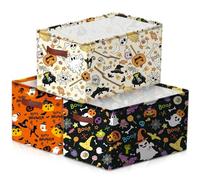 Boao 3 Pack Halloween Ghost Basket with Handles, Collapsible Large Canvas Storage Baskets, Spooky Skull Pumpkin Cat Foldable Storage Box with Handles Organizer Bins for Bedroom Home Office