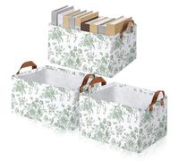 Boao 3 Pcs Sage Green Floral Foldable Storage Baskets Canvas Storage Bin 15 x 11 x 8 Inches Wildflowers Collapsible with Handles Waterproo Bins Fabric Shelf Baskets for Office Home Bedroom Clothes