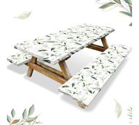 Boao 3 Pcs Vinyl Picnic Table and Bench Fitted Tablecloth Cover Set 6 Ft 30 x 72 Inch Flannel Backing Rectangular Elastic Edged Picnic Table Cover for Summer Outdoor Patio Travel (Eucalyptus)
