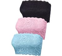 Boao 3 Pieces Women's Floral Lace Tube Top Bandeau Strapless Bras Seamless Stretchy Chest Wrap, Black, Mint Blue, Pink, M (Boao-Bra Bandeau-x2234)