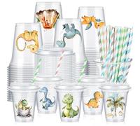 Boao 36 Sets Dinosaur Baby Shower Favors Watercolor Dinosaur Party Cups with Lids and Paper Straws 14 oz Dino Birthday Party Supplies Dino Disposable Clear Plastic Cups Bulk
