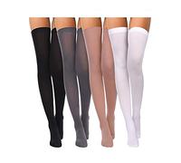 4 Pairs Women's Silk Thigh High Stockings Nylon Socks for Women Halloween Cosplay Costume Party Tights Accessory (Black, White, Skin Color, Grey,F Size)