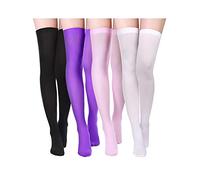 4 Pairs Women's Silk Thigh High Stockings Nylon Socks for Women Halloween Cosplay Costume Party Tights Accessory (Black, White, Pink, Purple,F Size)