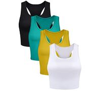 BOAO 4 Pieces Basic Crop Tank Tops Sleeveless Racerback Crop Sport Top for Women, Black, White, Bright Yellow, Green, L