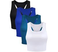 BOAO 4 Pieces Basic Crop Tank Tops Sleeveless Racerback Crop Sport Top for Women, Black, White, Peacock Blue, Royal Blue, L