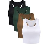 BOAO 4 Pieces Basic Crop Tank Tops Sleeveless Racerback Crop Sport Top for Women, Dark Green, Black, White, Chocolate, L