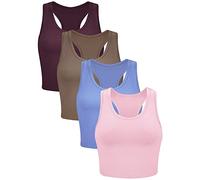 BOAO 4 Pieces Basic Crop Tank Tops Sleeveless Racerback Crop Sport Top for Women, Leather Pink, Coffee, Serenity, Dark Red, L