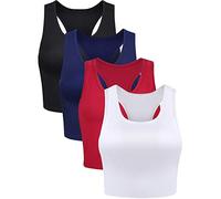 BOAO 4 Pieces Basic Crop Tank Tops Sleeveless Racerback Crop Top for Women(Black, White, Wine Red, Navy Blue,Large)