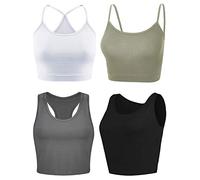 BOAO 4 Pieces Crop Tops for Women, Basic Workout Tops Spaghetti Strap Tank Sleeveless Racerback Cami for Sports Gym (Black, White, Grey, Olive Green, Medium)