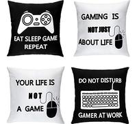Boao 4 Pieces Gaming Cushion Cover Gamer Pillowcase Video Game Cushion Covers for Gaming Fan Video Game Themed Party Sofa Bedroom Funny Novelty Gift Home Decor (Black and White,16 x 16 Inch)