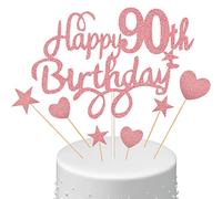 Boao 8 Pcs 90th Birthday Cake Toppers Sets Include 2 Happy 90th Topper with 6 Star and Heart Decor, Glitter Cake Decorations for Ladies Women Mum Birthday Party