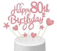 Boao 8 Pcs Happy 80th Birthday Cake Toppers Sets Include 2 Rose Gold Cake Pick Star 3 Heart Decor Personalised Glitter Birthday Party Decorations for Women Mum
