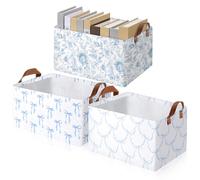 Boao Foldable Storage Baskets Dinosaur Easter Rabbit Classical Flowers Bow Laundry Basket with Handles Waterproof Storage Bins Fabric Shelf Baskets(15 x 11 x 8 Inches,Blue Bow,3 Pcs)