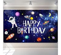 Boao Outer Space Happy Birthday Photography Background Astronaut Rocket Backdrop Banner for Children's Birthday Galaxy Planet Party Photo Booth Backdrop,White,6.1 x 3.6 Feet