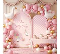 Boao Pink One Silly Goose Baby Shower Arch Backdrop Cover 2 Pack 7.2FT 6FT Spandex Stretchy Covers Backdrop for Goose 1st Birthday Party Duck Farm Barnyard Baby Shower Birthday Anniversary