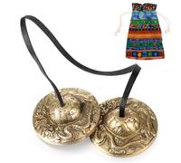 Boao Tibetan Tingsha Cymbals Meditation Chime Bells with Tibetan Drawstring Cloth Bag, 6.3 cm Meditation Chime Bells, for Percussion Instrument (2 Dragons with Bell Embossed)