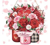 Boao Welcome Valentine's Day Wooden Hanging Sign Farmhouse Door Decor Valentine's Day Wood Love Rose Door Sign Rustic Wall Plaque Ornaments for Window Wall Porch Decorations