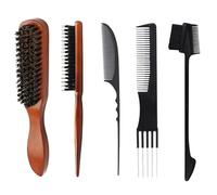 Boar Bristle Hair Brush, Bristle Brush Hair for Men Women, 5 in 1 Boar Bristle Brush, Soft Bristle Hair Brush with Crescent Comb 1 Piece,Five-Pin Comb 1 Piece and Eyebrow Brush 1 Piece (Black)