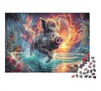 Boar Surges through Sunset Waves Jigsaw Puzzles for Adults,1000 Pieces Wildlife Challenging Puzzle, Home Decoration Great Gift for Adults 52x38cm/1000pcs
