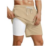 Board Short Khaki Mens Swim Trunks with Compression Liner 2 in 1 Solid Color Quick Dry Swim Shorts Drawstring Waisted Elastic Plus Size Holiday Beach Shorts L