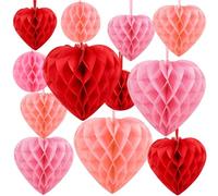 BOARDFEB 12PCS Valentine's Day Decorations, Engagement Party Decor, Heart Honeycomb Balls Hanging Decorations Pink, Light Pink and Red, Premium Reusable Romantic Proposal Wedding Party Decoration