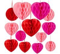 BOARDFEB 15PCS Valentine's Day Decoration Set, Engagement Decorations, Pink Red and Rose Red Hanging Heart Honeycomb Decoration