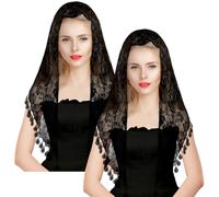 BOARDFEB 2 Pcs Mass Veil Triangle Mantilla Cathedral Head Covering Chapel Veil Lace Shawl Latin Scarf Latin Mass Head Covering Veils for Bridal Women, Black, One Size