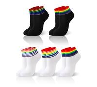 BOARDFEB 5 Pairs Striped Rainbow Crew Socks Athletic Cotton Novelty Ankle Sock for Men and Women, Black White Rainbow, One Size