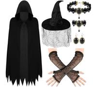 BOARDFEB 6PCS Halloween Witch Costume, Black Witch Accessories Set with Hat Black Hooded Cloak Cape Spider Lace Gloves Red Black Pendant Choker Bracelets Earrings for Women
