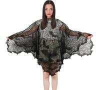 BOARDFEB Halloween Skeleton Costume, Lace Skeleton Day of The Dead Poncho for Women, Black Bat Poncho