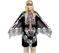 BOARDFEB Halloween Skeleton Poncho, Lace Skeleton Halloween Costume Poncho Day of The Dead Colorful Poncho for Women, 59 inch×59 inch