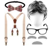 BOARDFEB Old Man Costume, Senior Citizen Costume with Wig Glasses Mustache Bow Tie Suspenders