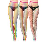 BOARDFEB Rainbow Fishnet Tights for Women, 3 Pairs Rainbow Fishnet Socks with Small, Medium Large Fishnet Sizes for LGBTQ+ Pride Halloween Funky Style Parties Raves Festivals