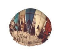 Boards on the Beach Print Shower Cap for Women Men, Reusable Double-Layer Fabric Bathing Cap Girls Hair Caps, 27 CM