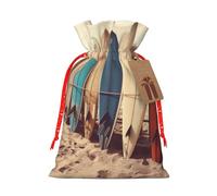 Boards on the Beach Printed Christmas Drawstring Bags,S Reusable Xmas Gift Storage Bags, Red Christmas Ribbon