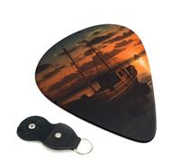 Boat at dusk Guitar Picks 6 Pcs, 0.46mm Thickness Celluloid Plectrum with Leather Picks Holder, Personalized Guitar Pick for Bass Electric Acoustic Guitars Lovers Gift