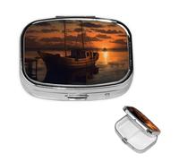 Boat at Dusk Pill Box 2 Compartment Square Portable Pill Case for Pocket or Purse Small Weekly Medicine Planner Travel Pillbox with Mirror Decorative Metal Vitamin Holder Gifts