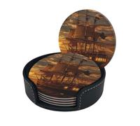 Boat At Dusk Print Coasters For Drinks With Holder Set Of 6, Pu Leather Coasters Drink Coasters Cup Pad Mats